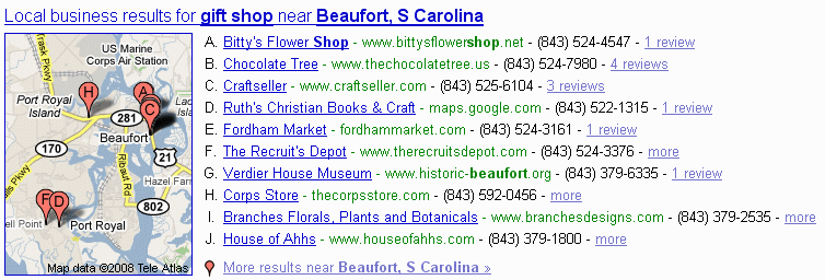 Sample Google Maps listing of gift Shops in Beaufort, SC